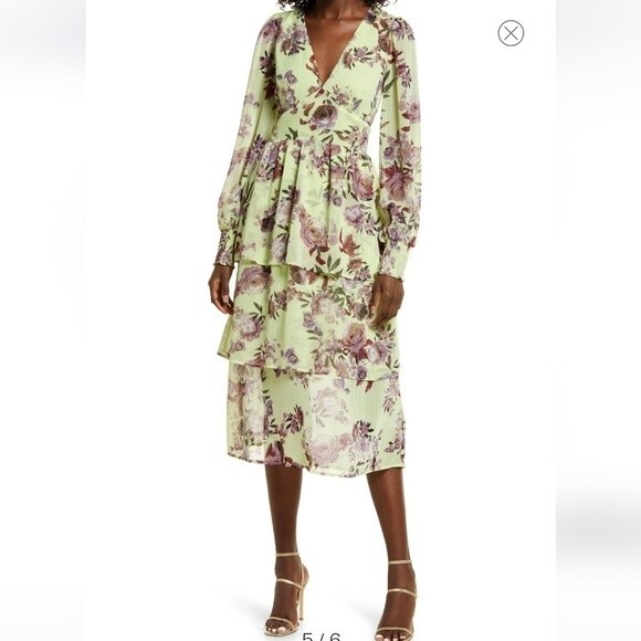 FOURTEENTH PLACE Ella Long Sleeve Chiffon Tiered Maxi dress in yellow bouquet XL - Picture 1 of 16